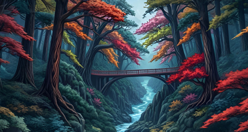 ccolorful trees and floating bridges in the air